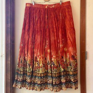 EUC Take Two Bohemian Maxi Skirt Orange Floral 100% Cotton Crinkle Size 2 Flowy